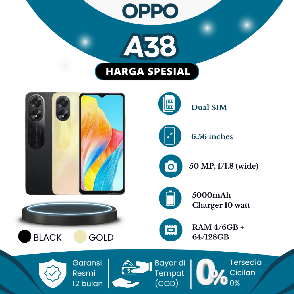 OPPO A38 Asli RAM 8/256GB Terbaru 2025 – HP Murah Layar 6.5690Hz Helio G85 33W Fast Charging