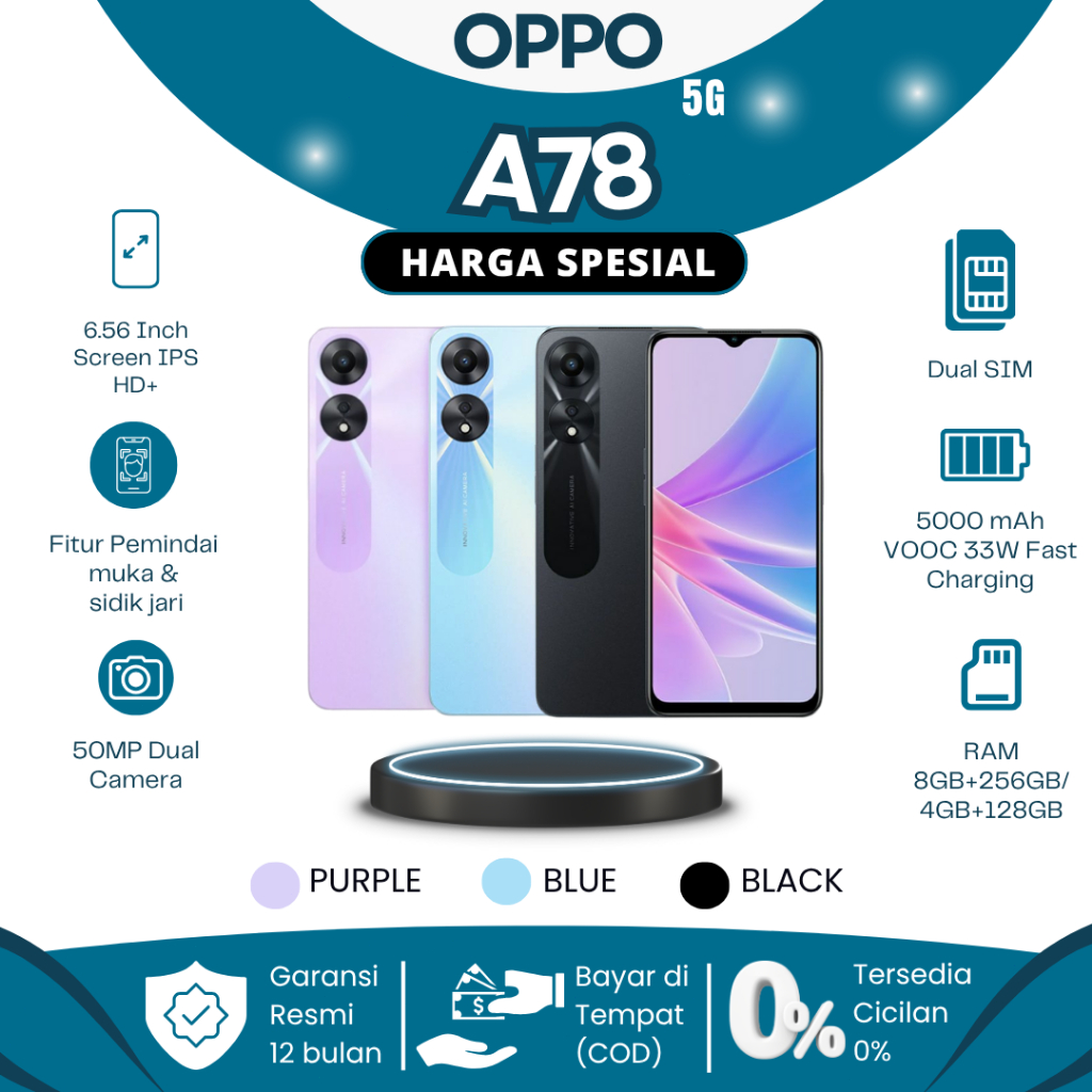 OPPO A78 5G Murah Terbaru 2025 – HP Asli RAM 8/256GB Layar 6.43AMOLED Snapdragon 680 67W Fast Chargi