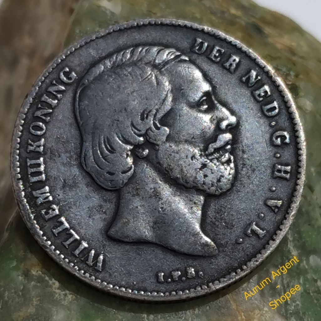 T^W30.5G-5.. 1 PC KOIN PERAK KUNO ASLI 0.5 GULDEN WILLEM III KONING TH 1864. -- SILVER COIN --