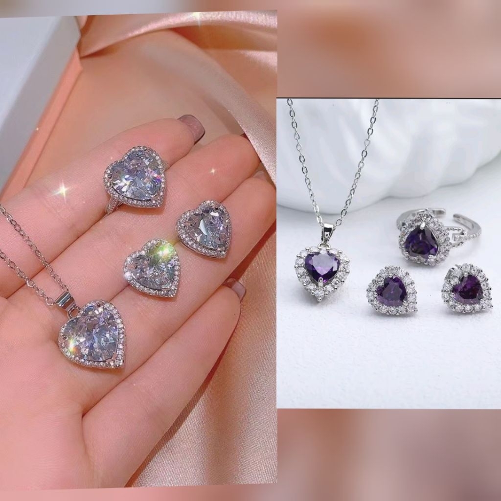 Perhiasan Set Batu Permata Ungu model Hati Silver isi 4 kalung liontin anting dan cincin