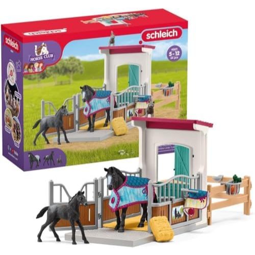 Schleich Horse Club - 34PC Stall Horse Toy Playset with Mare and Foal Figure, Cat Figurine