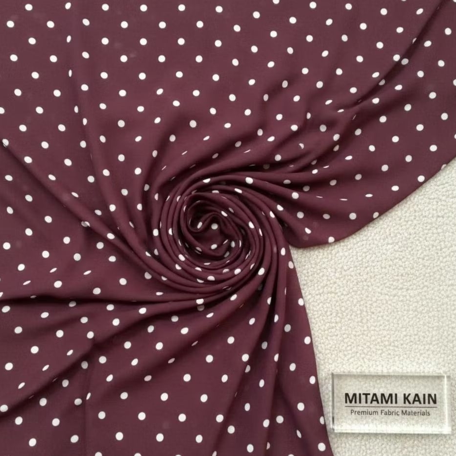 Kain Sifon Chiffon Motif Polkadot Putih Cokelat Tua Premium / Bahan Baju Retro & Kekinian (Harga Kai
