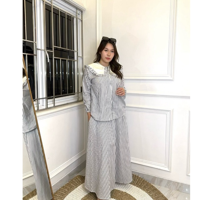 JOELLA SET ROK | One Set Stripe Kemeja Wanita Lengan Panjang + Rok Bahan Katun Premium