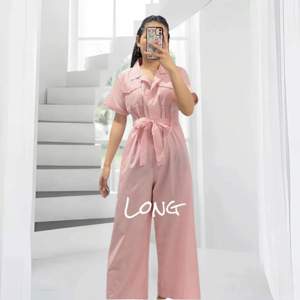 Katun PREMIUM ( Baby Pink ) Abigail Long Jumpsuit Overall Jumper Kodok Wanita Kekinian Korea Korean 