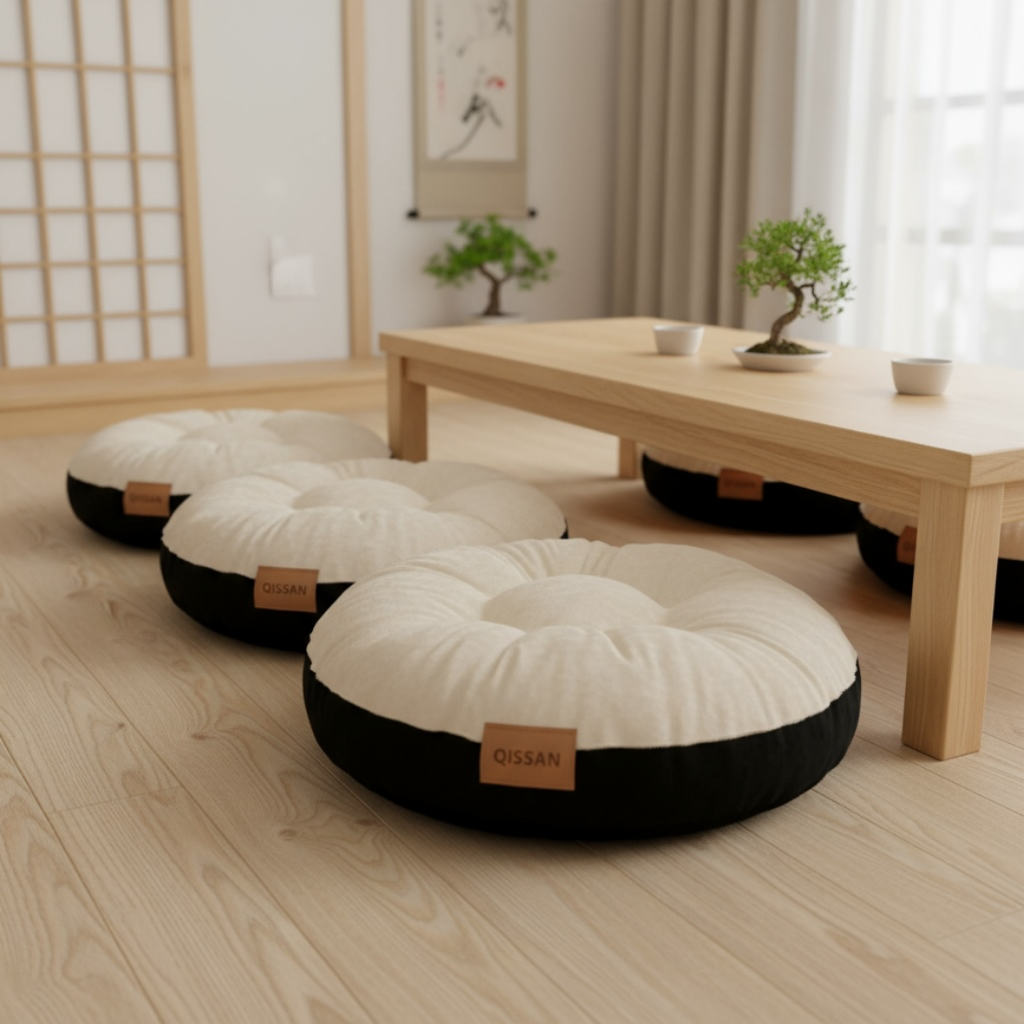 Bantal Alas Duduk Premium Bentuk BULAT Warna KREM dan HITAM (Ukuran S-XXL) - Bantal Lesehan Empuk Te