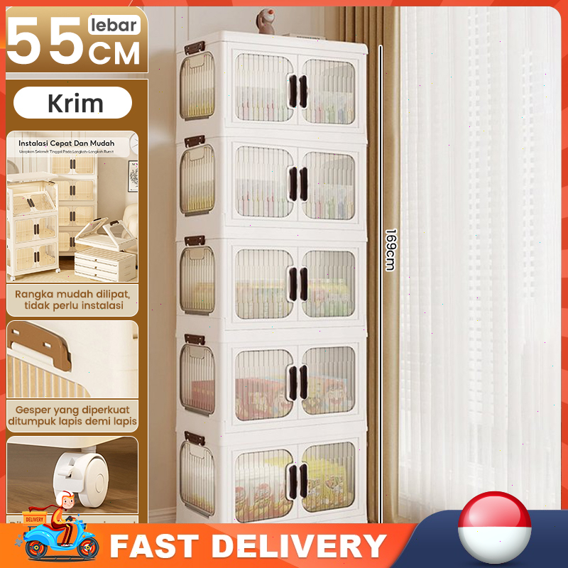 Lemari Plastik Lipat Susun/Rak Buku Serbaguna ada Roda/transparan Etalase Makanan Lemari Dapur Estet