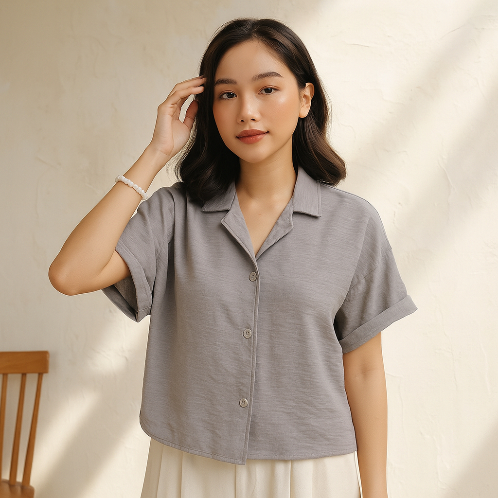 KEMEJA CRINKLE LENGAN PENDEK / ATASAN BLOUSE CRINKLE KANCING-06