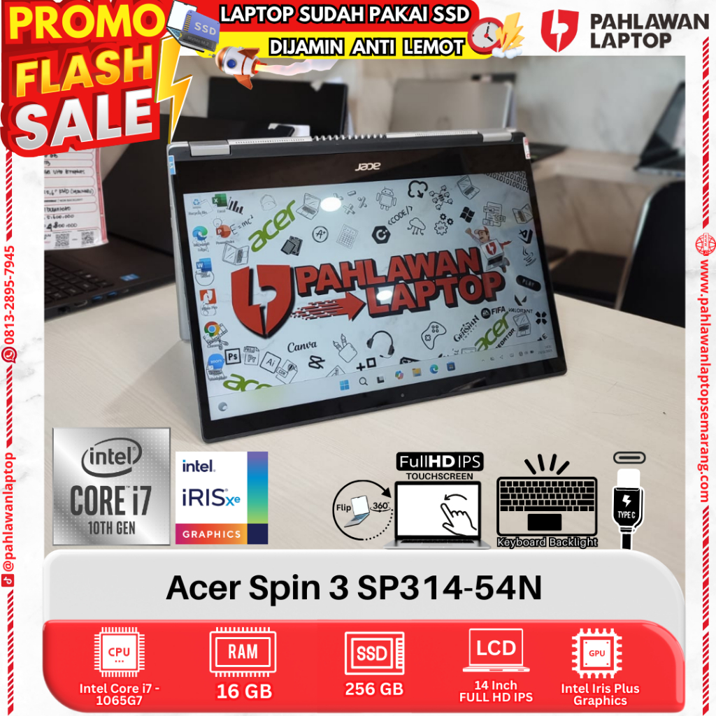 LAPTOP Acer Spin 3 SP314-54N CORE i7 GEN 10 RAM 16GB SSD 256GB FLIP TOUCHSCREEN