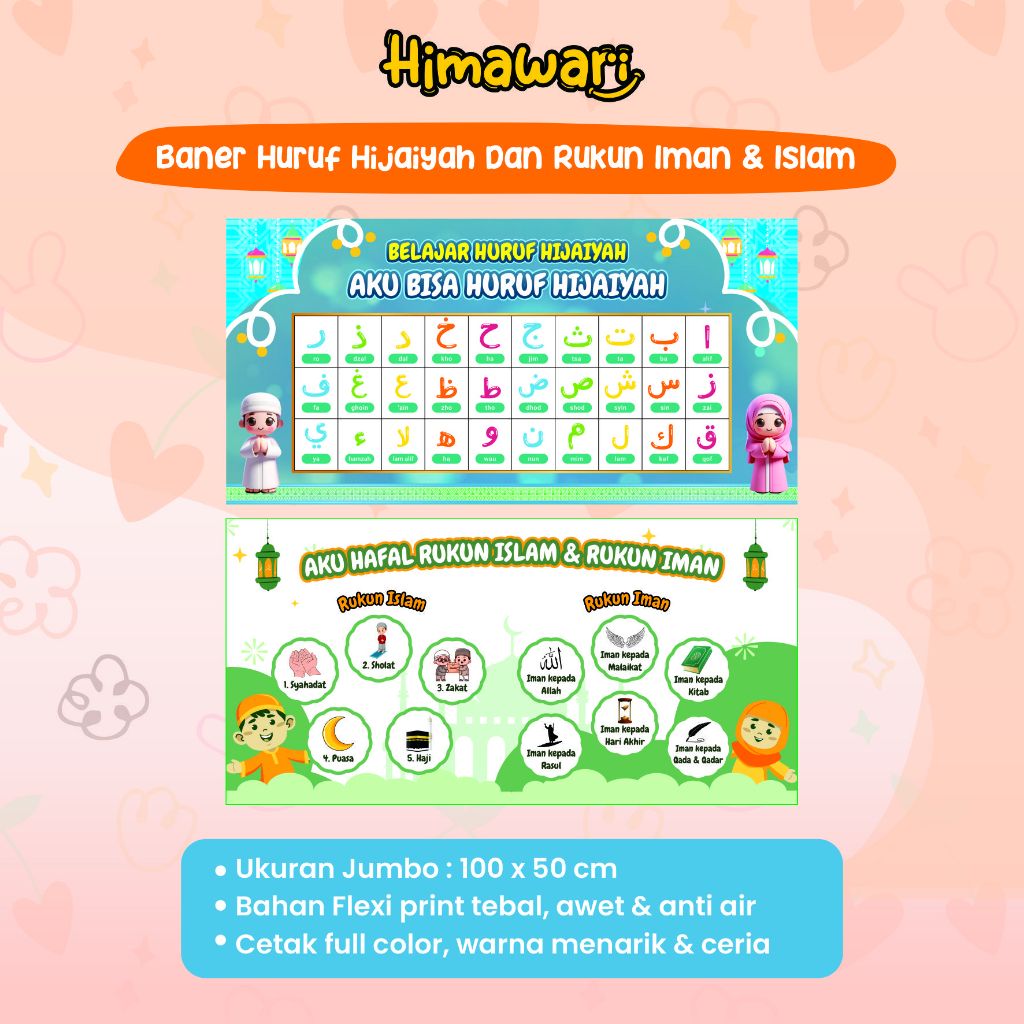 Baner Dekorasi Edukasi Islami | Huruf Hijaiyah, Rukun Iman, Rukun Islam, Nama-Nama 25 Nabi dan Rasul