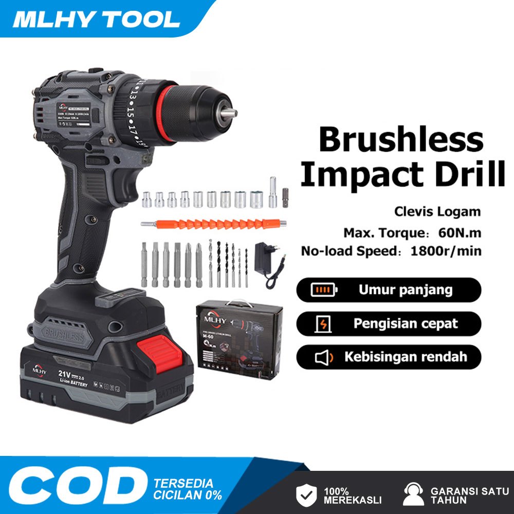 MLHY cordless drill Torsi 60 Nm bor tanpa sikat 21V tiga fungsi  bor baterai lithium tanpa kabel