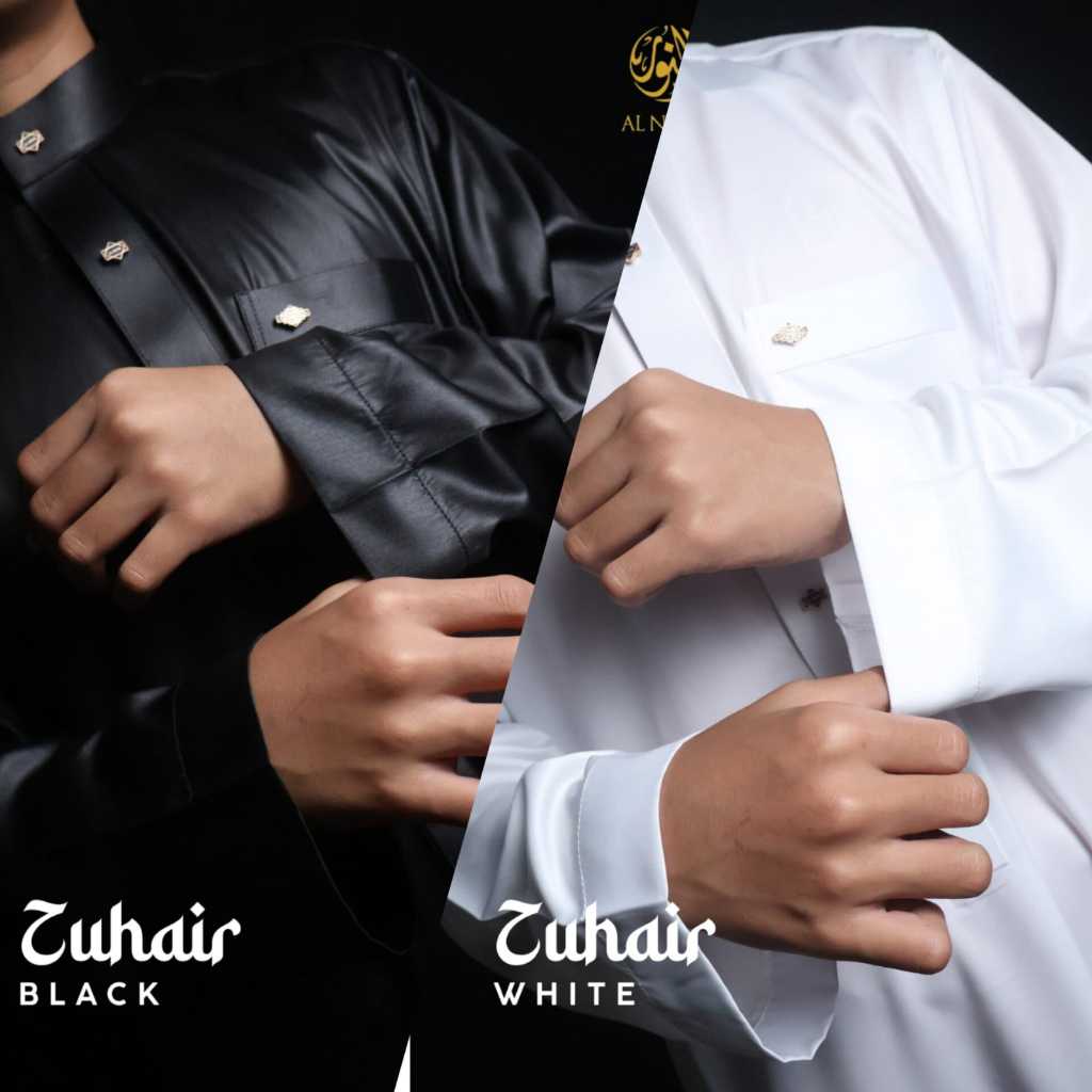 Alnoor Jubah Anak Laki Laki Remaja Bahan Polyester Tanpa Manset Hitam Putih Model Zuhair
