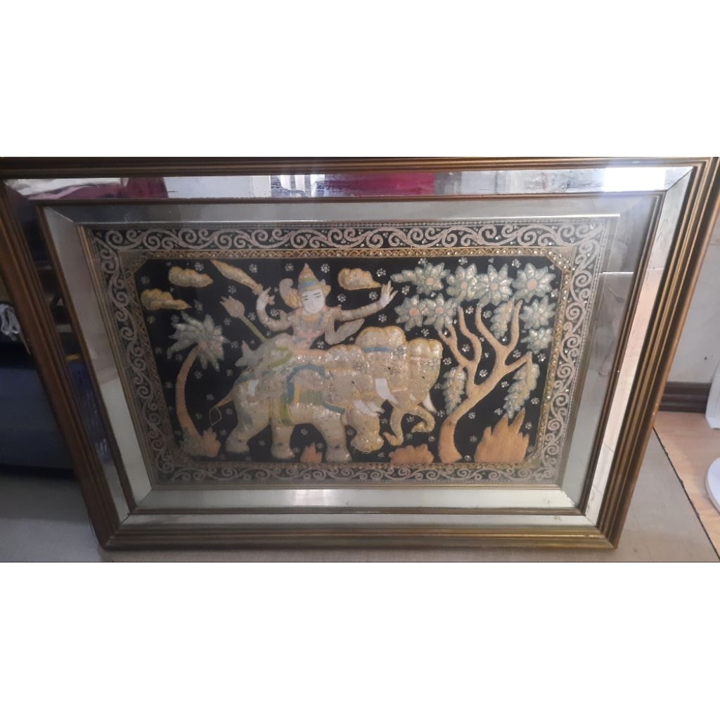 Hiasan dinding rajut gajah Thailand second ASLI 114cm x 84cm bingkai besar kokoh