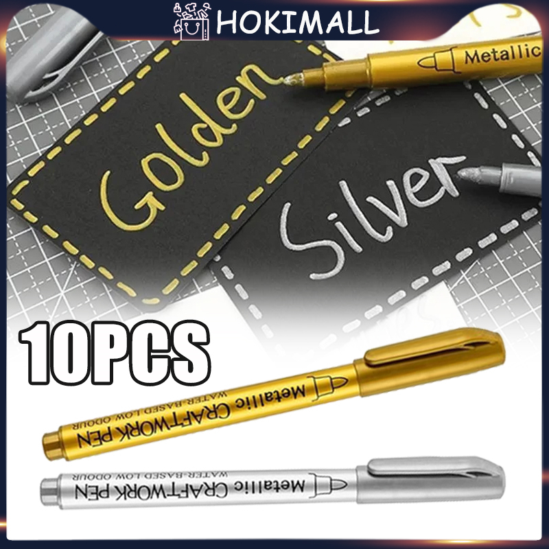 10pcs Spidol Tinta Emas Permanen Sorotan Metalik Spidol Warna Silver Permanen Cepat Kering Spidol Em