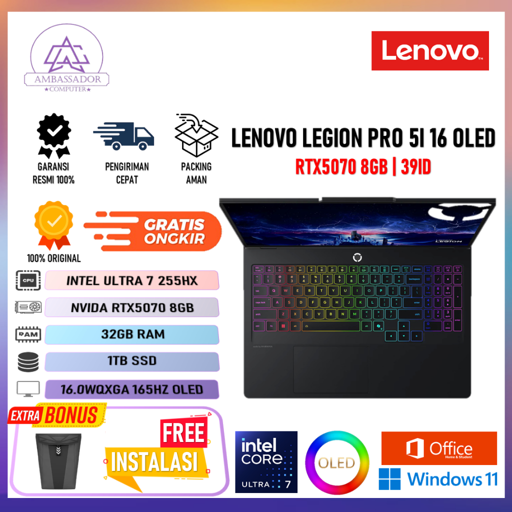 Lenovo Legion pro 5I 16 Oled Rtx5070 8Gb Ultra 7 255HX Ram 32Gb Ssd 1Tb Layar 16.0" WQXGA 165HZ