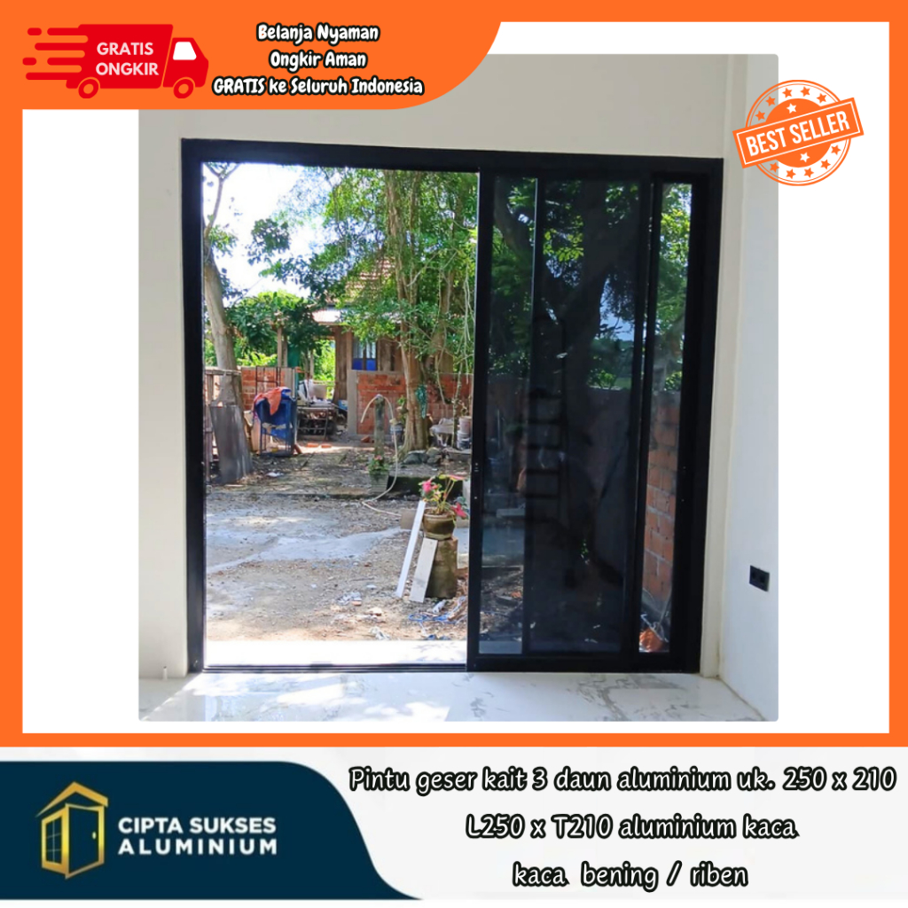 pintu geser kait 3 daun aluminium ukuran 250x210 csa bergaransi sliding door kait 3 daun aluminium k