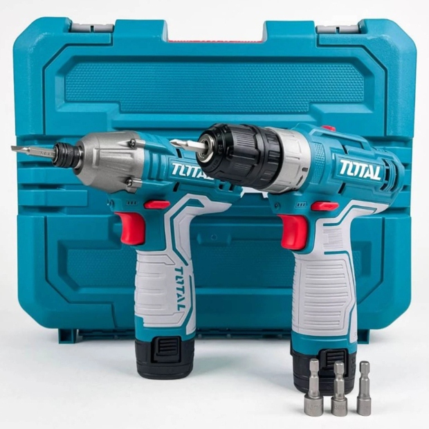 Mesin Bor Baterai & Impact Driver Cordless Drill Bor Obeng - TOTAL Cordless & Impact Drill SET