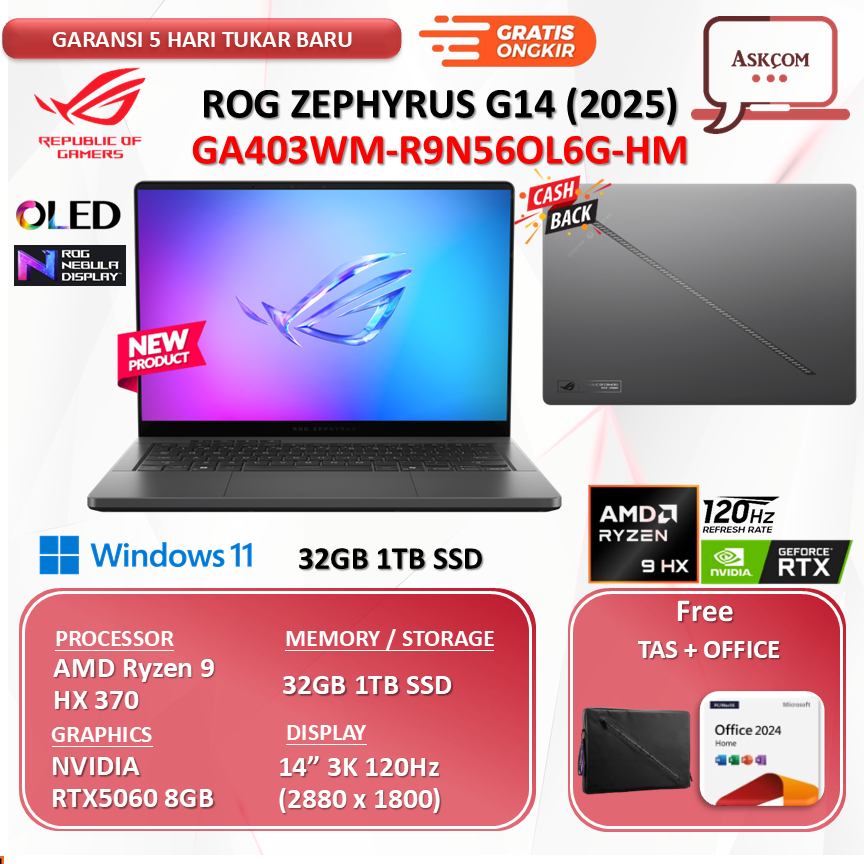 Asus ROG Zephyrus G14 | GA403WM-R9N56OL6G AMD Ryzen 9 HX 370 RTX5060 8GB 32GB 1TB SSD 14" 3K OLED