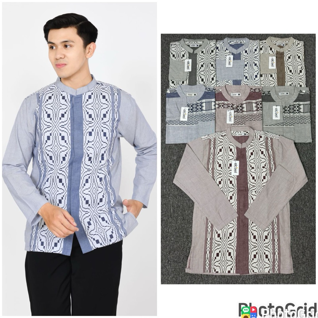 Koko Elcael Pria Dewasa Lengan Panjang Motif Songket Bahan Katun Premium