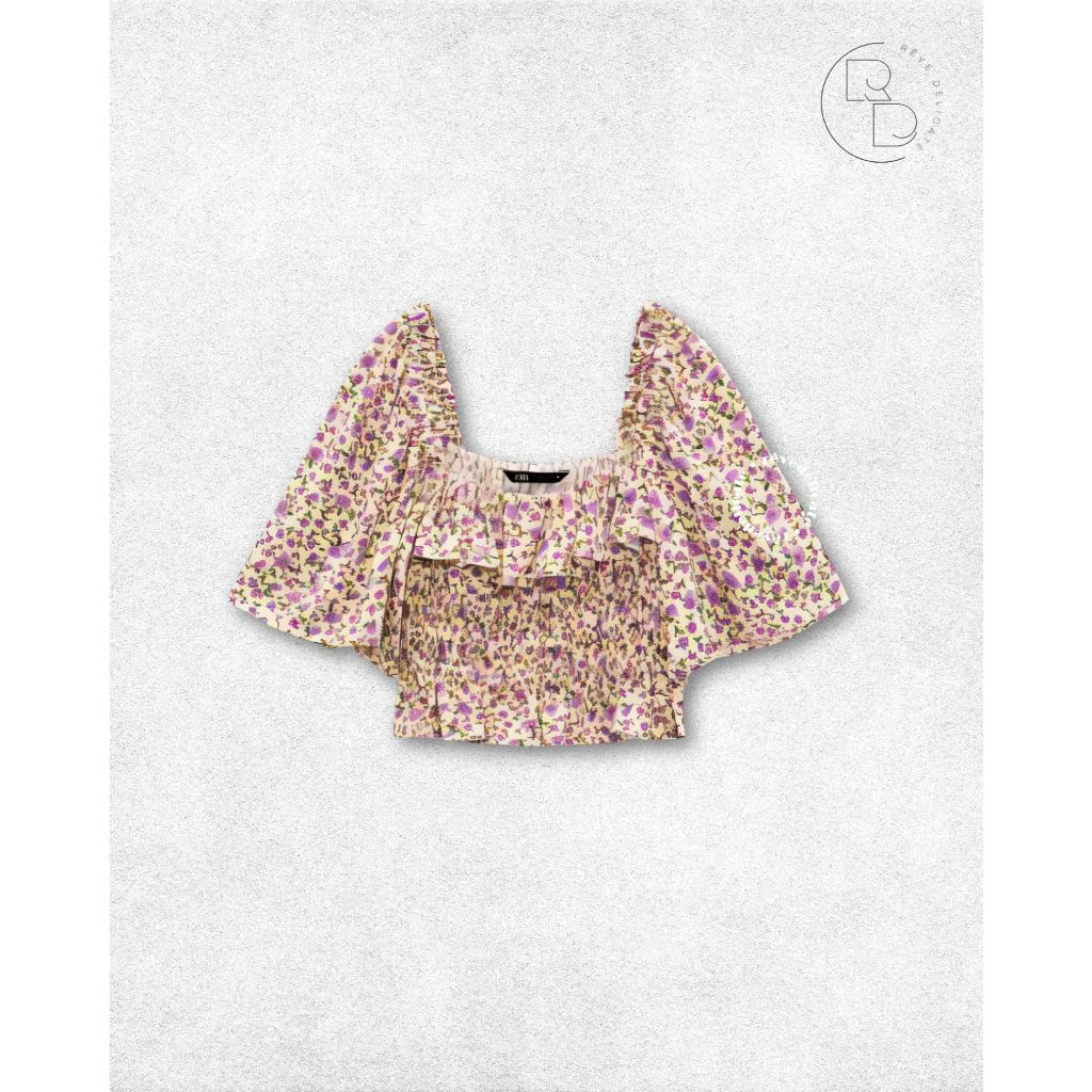 Zara Blouse Wanita Original Floral Crop Top Premium | Atasan Lengan Lebar Bohemian Style Elegan