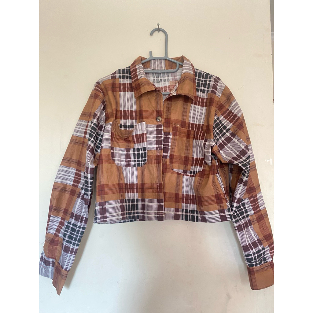Kemeja Kotak Coklat Crop Top Krop Preloved Cardigan Cardi Wanita Korean Style Cewek Cewe Baju Rajut 