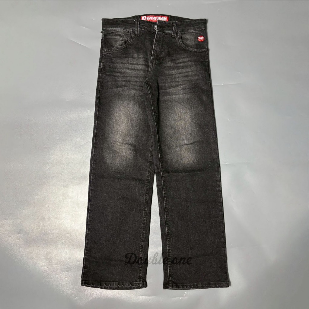 SEVEN DENIM-Celana Jeans Pria Gombrong Skena WideLeg Loose Fit Denim Retro Baggy Hitam Wisker UNISEK