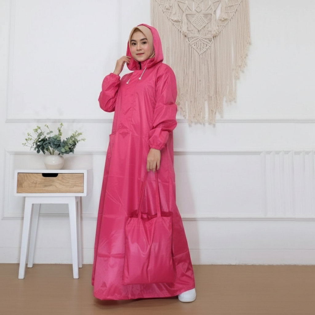 Jas Hujan Wanita Jumbo Bigsize Model Gamis Muslimah Syari Hagiya by Albata Pink