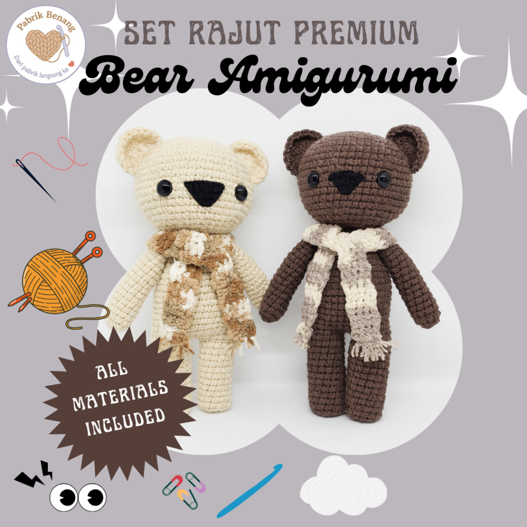 SET RAJUT PREMIUM BEAR AMIGURUMI / DIY CROCHET AMIGURUMI BERUANG (FREE PATTERN)