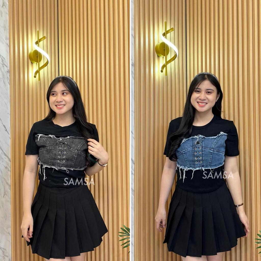 SAMSA-ATASAN WANITA KOMBINASI JEANS 2639-2 | BAJU JEANS TALI PAS BADAN KEKINIAN