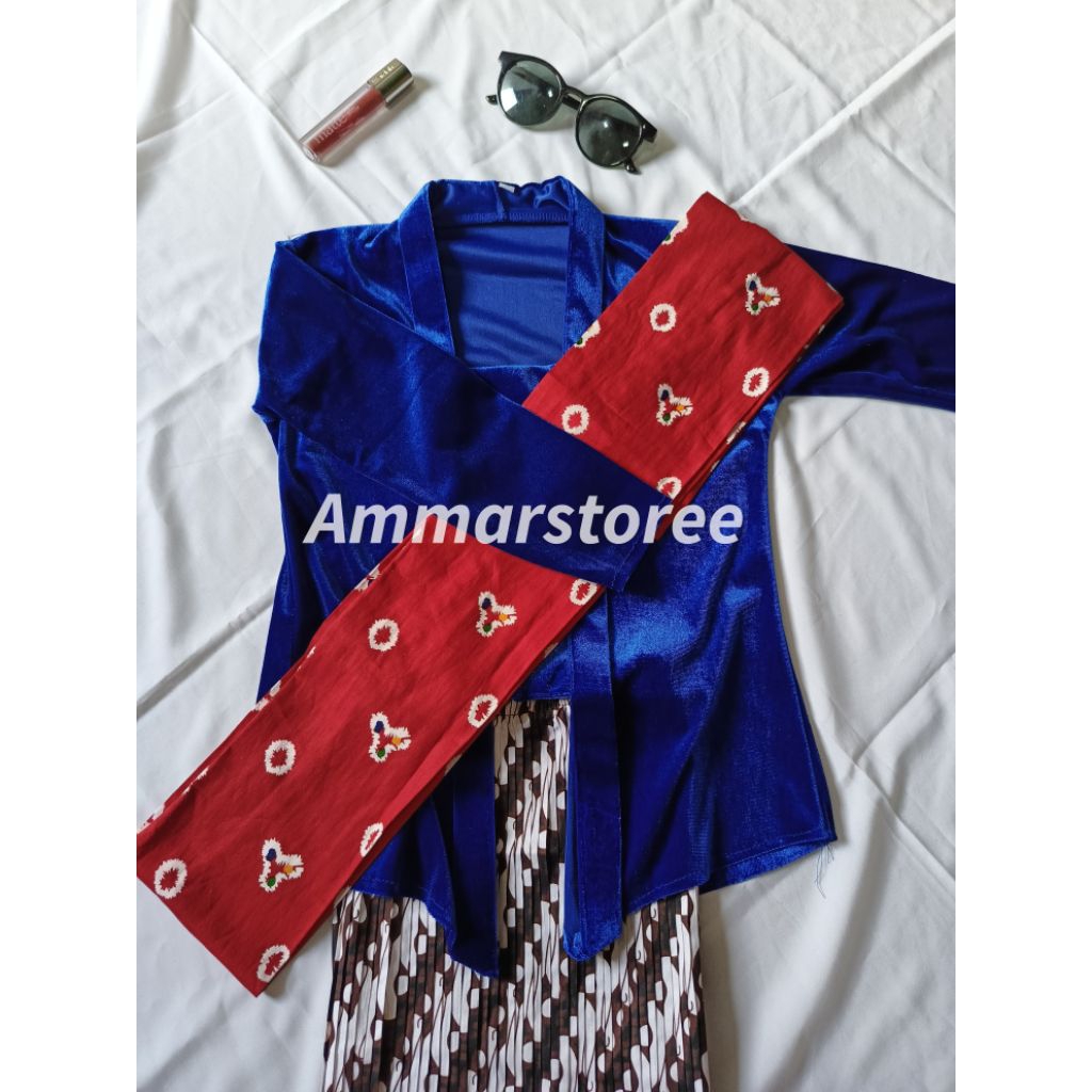 kebaya bludru kutubaru anak 1 set (atasan, rok plisket, selendang)