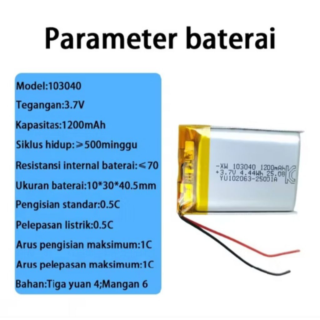 Baterai Li-ion 103040 3.7V 1200mah - Baterai Cas dengan Proteksi untuk Mp3, Mp4, GPS