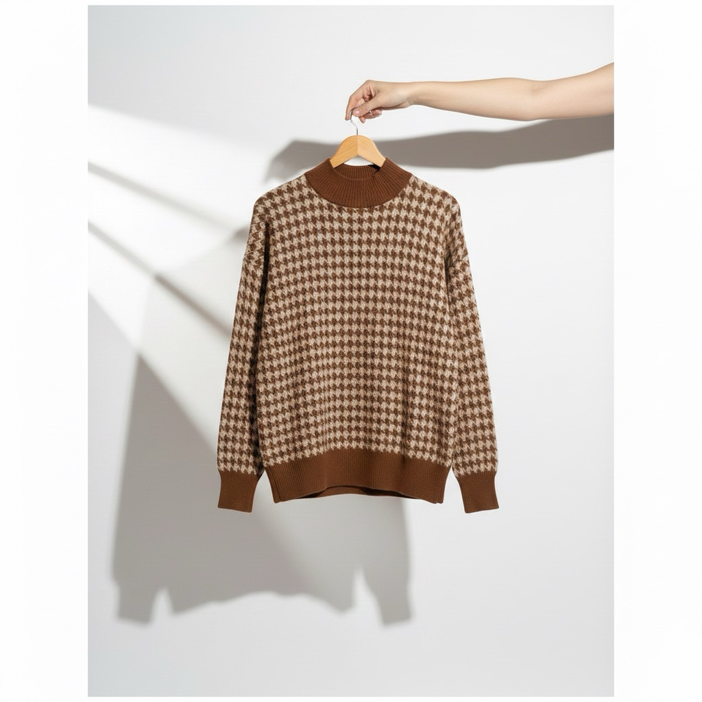 Sweater Houndstooth Coklat – Knit Crop Oversize