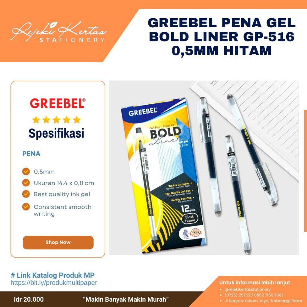 Greebel Pena Gel Bold Liner GP-516 0,5 MM Hitam - 1 Pak Isi 12
