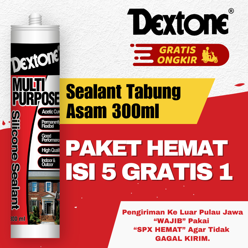 (ISI 5 GRATIS 1) Dextone Lem Kaca Silicone Sealant Tabung Asam 300ml