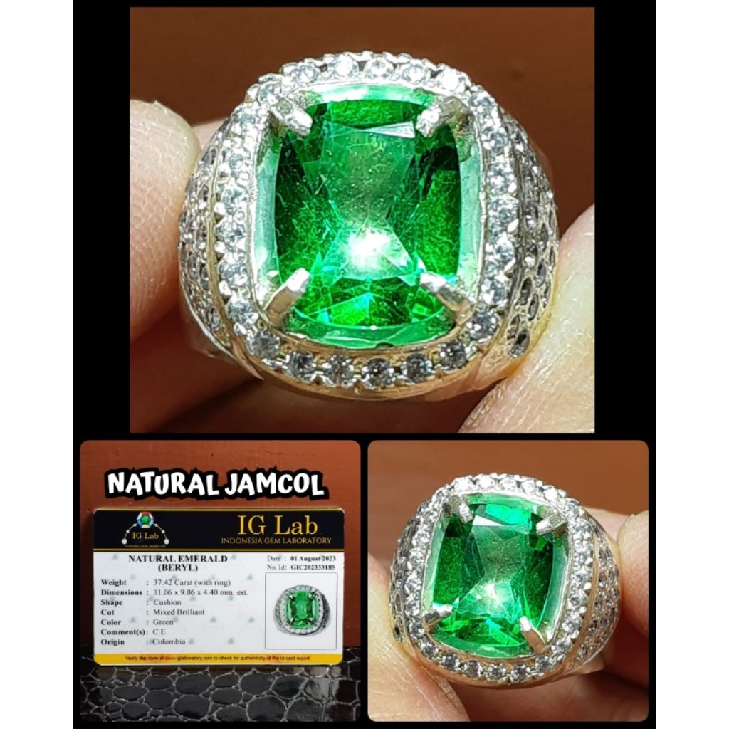 natural batu permata Jamrud Colombia kristal + ring perak