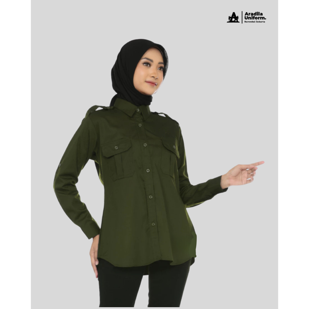 ARADILAUNIFORM Seragam PDL Hijau Tua Army Perempuan/Uniform Tangan Panjang/Baju Dinas Putih PDL Wani
