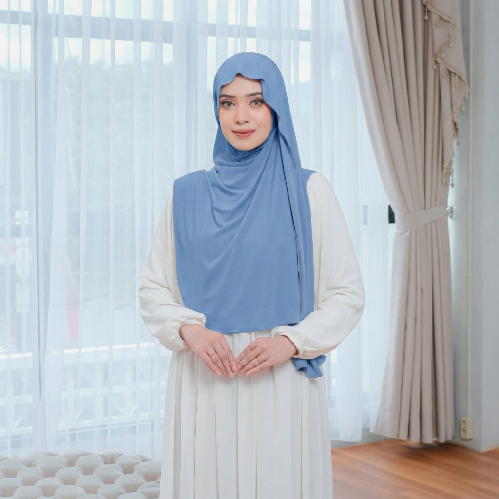Coverly Hijab - Pashmina Biru Instan Jersey Jilbab Murah Kerudung Biru Muda Modern Tebal Non Pad