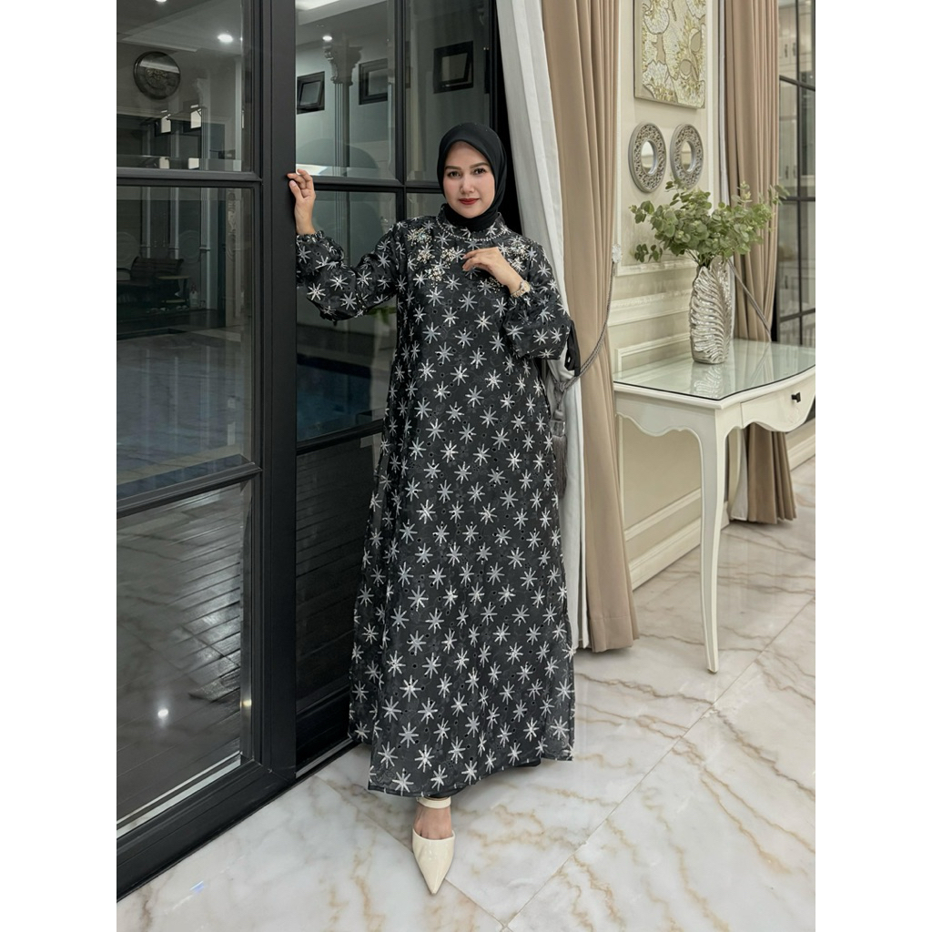 Gamis malaysia bahan organza bordir mix  fayet ori by Edness Kayla