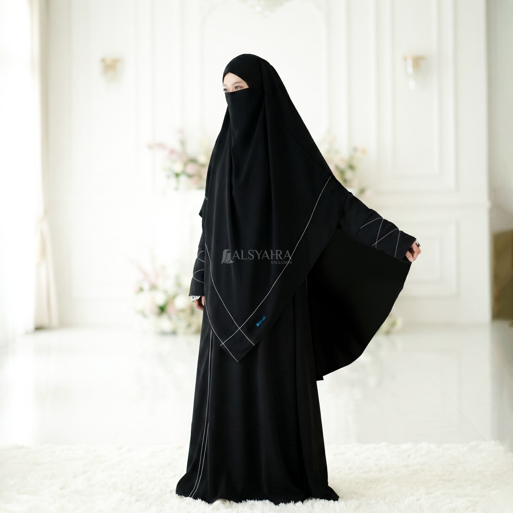Alsyahra Exclusive - Khiban French Khimar Lancip V Maryam Signature Soft Jetblack