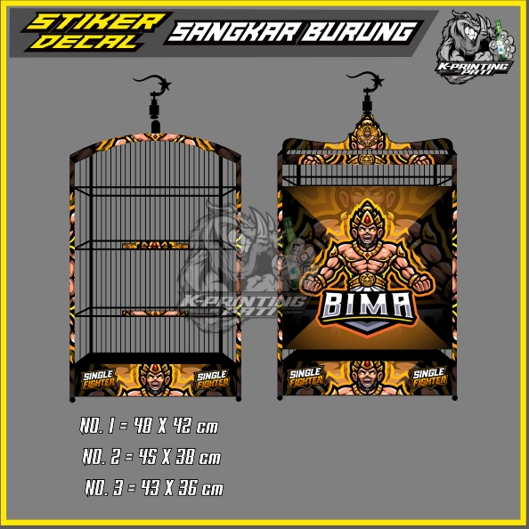 STIKER DECAL SANGKAR/KANDANG BURUNG DESAIN BIMA - SANGKAR BURUNG KOTAK SINGLE FIGHTER KICAU PETARUNG