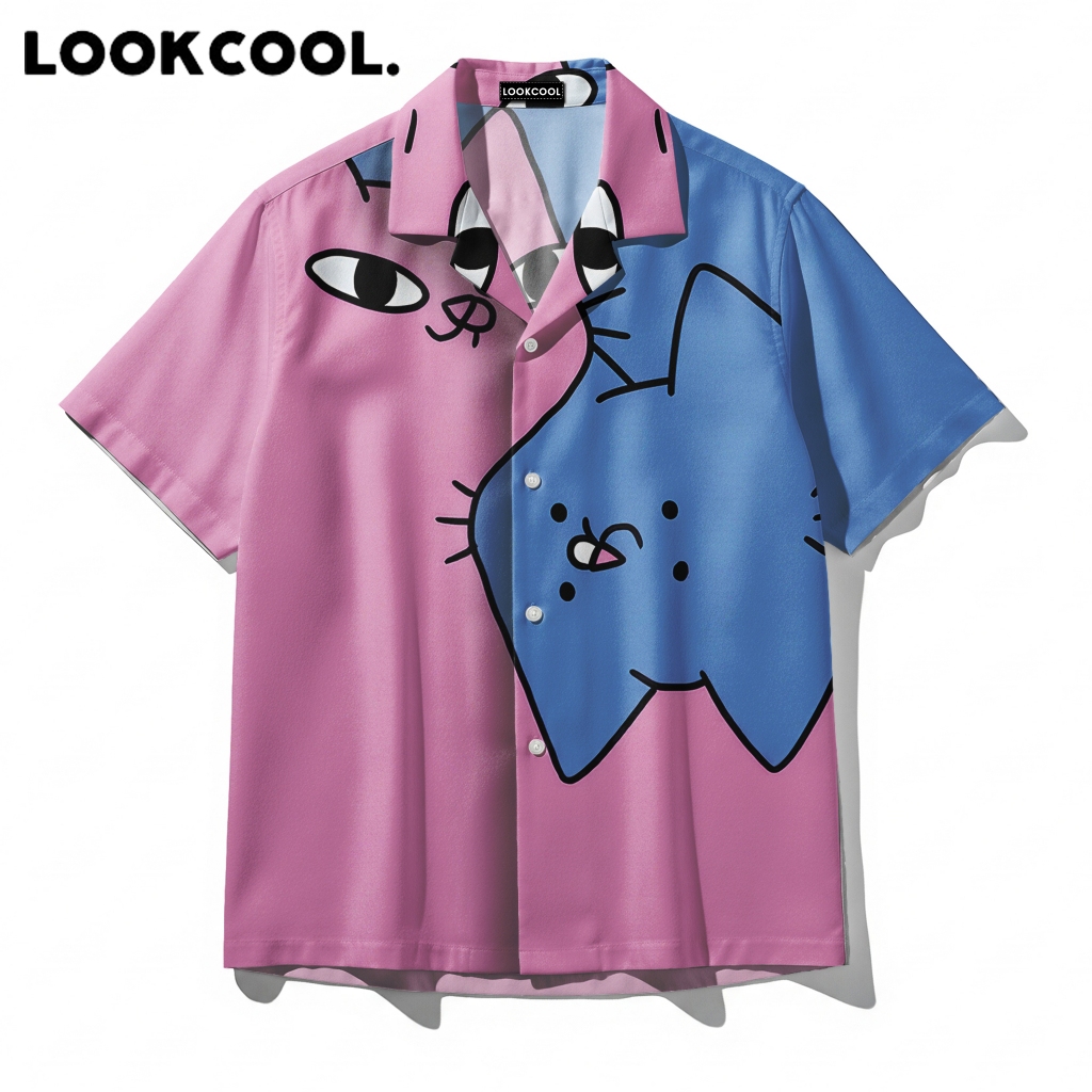 LOOKCOOL Kemeja Pria Motif Kucing Kartun Pink Biru Pendek Premium