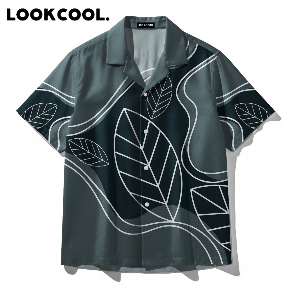 LOOKCOOL Kemeja Pria Motif Daun Abstrak Hijau Pendek Premium
