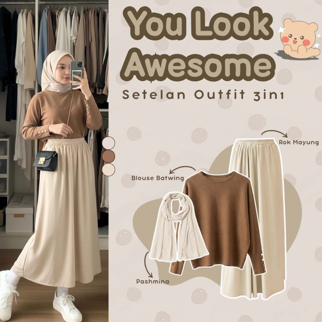 One Set Remaja | Blouse Batwing Knit, Rok Mayung Polos, Pashmina | Outfit Cewek, Baju Lebaran 2026