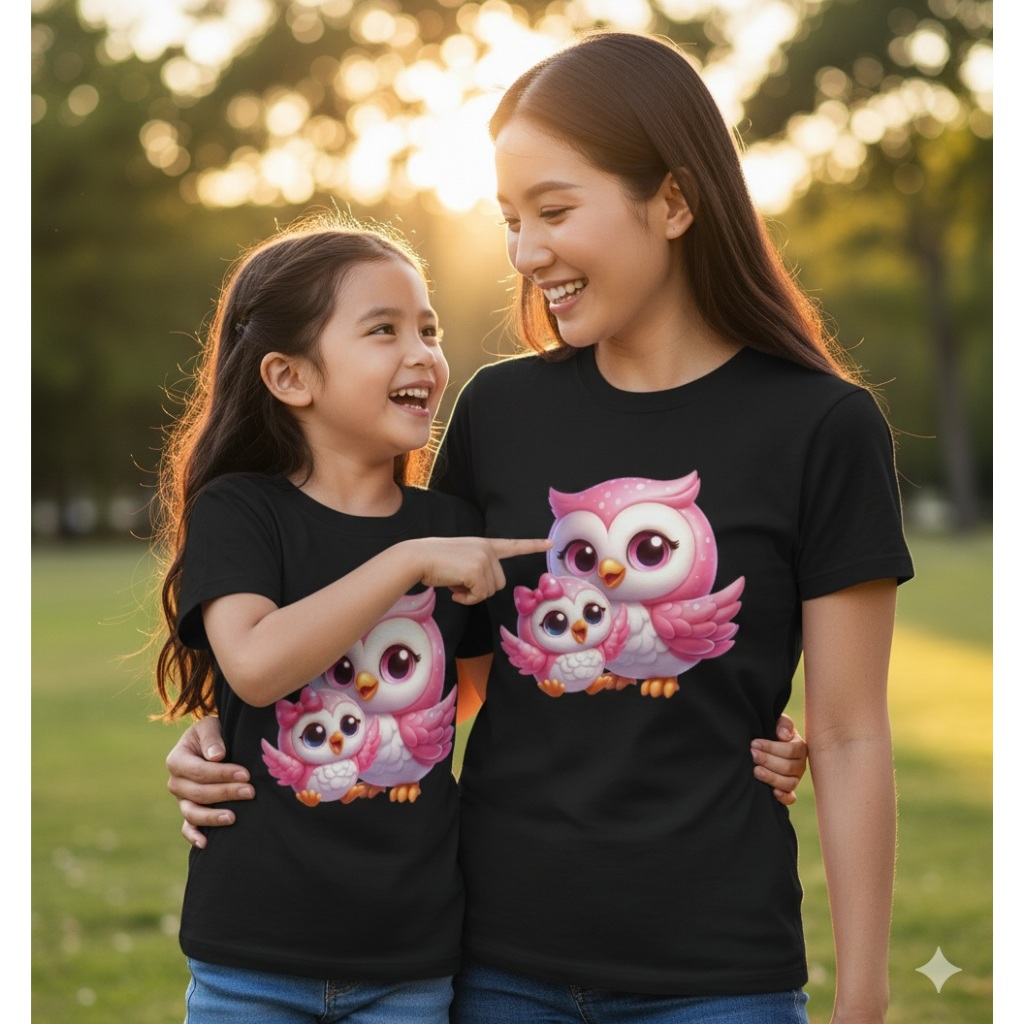 PINK OWL Kaos Kembaran IBU DAN ANAK PEREMPUAN Baju Couple Serasi Desain Lucu Burung Hantu Pinky Ibu 