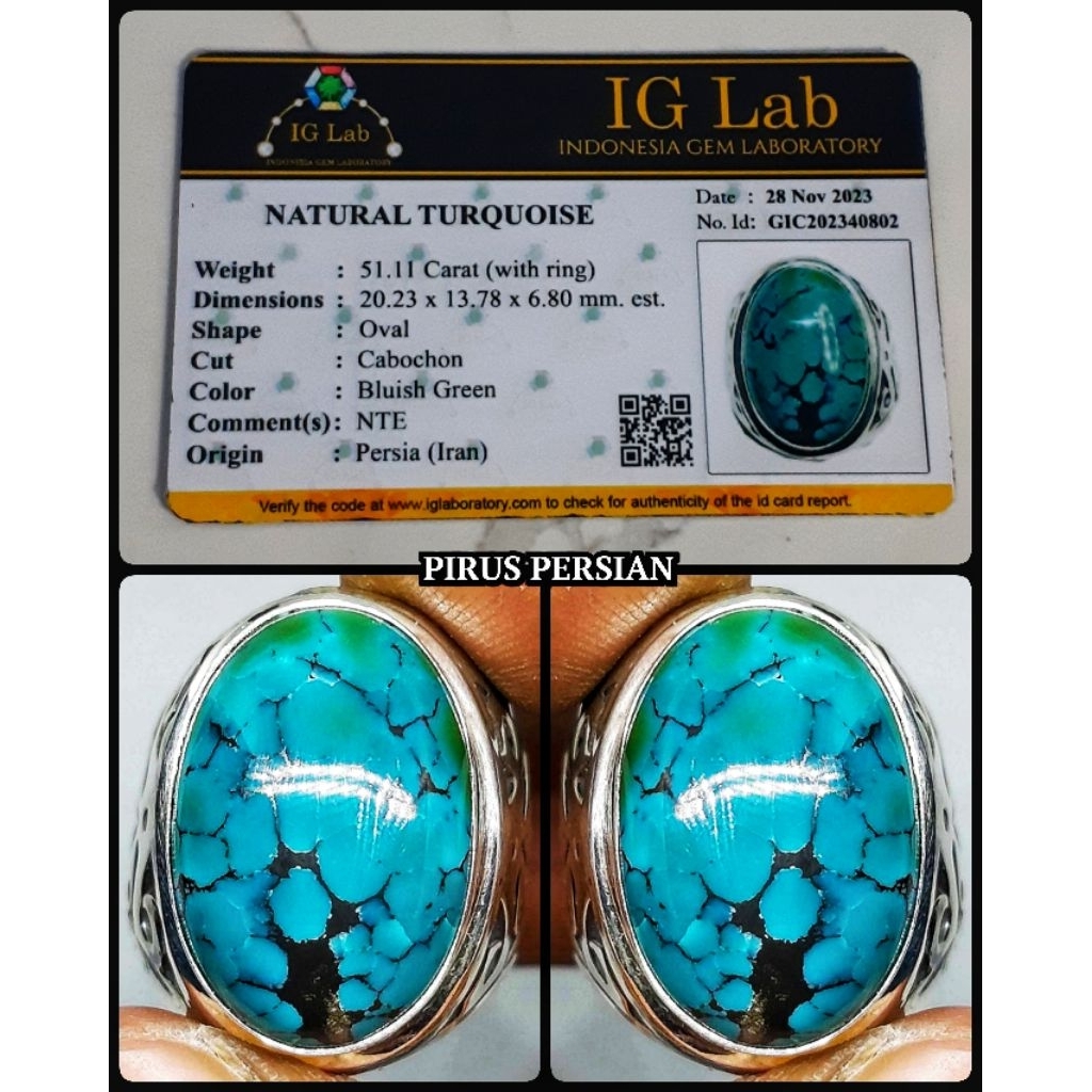batu pirus persia full porslen iran + ring perak ukiran