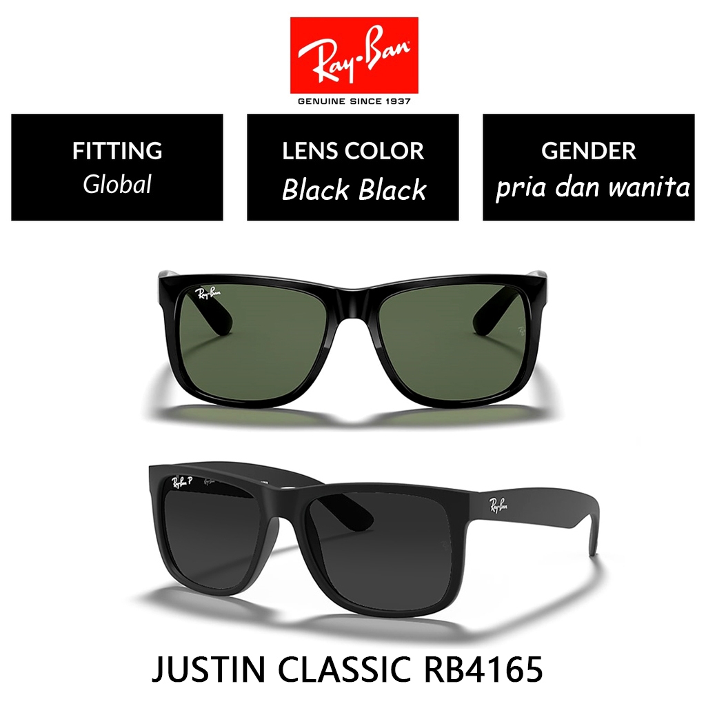 100% Original Kacamata Hitam Ray-Ban Wayfarer Justin RB4165 Black Green Pria Sunglasses