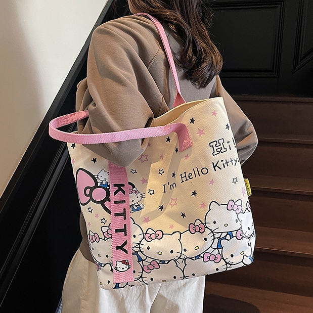 Tas Kanvas H*llo K*tty DLucu/Tas Kanvas Wanita/Tas Tote Wanita Kapasitas Besar/Tas Laptop Kapasitas 
