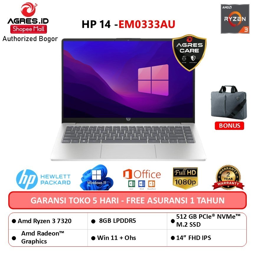 HP 14 RYZEN 3 7320 8GB 512GB W11+OHS 14.0FHD IPS