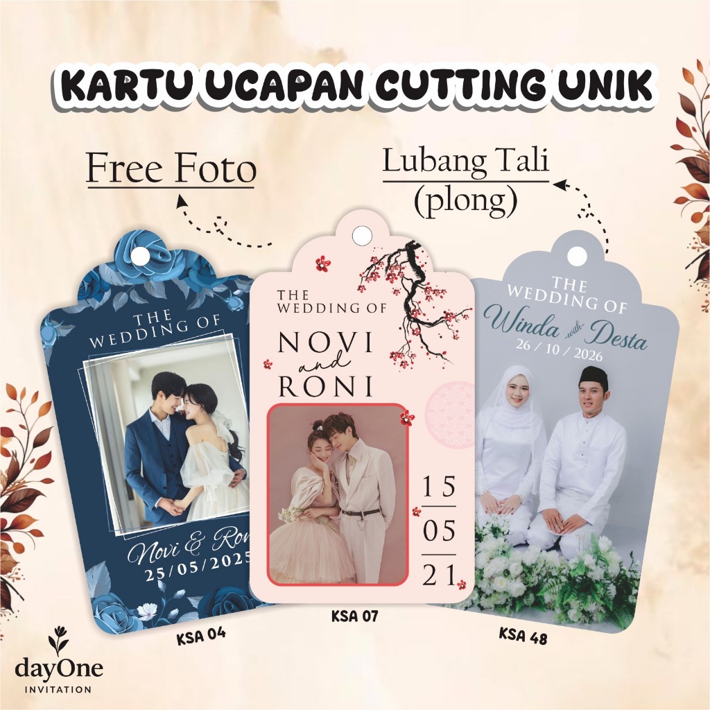 KARTU SOUVENIR PERNIKAHAN CUTTING UNIK - KARTU UCAPAN PLUS FOTO LUBANG TALI - HANG TAG SOUVENIR KSA