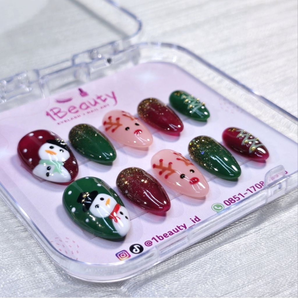 Press On Nails / Kuku Palsu / Fake Nails Merah Red Maroon Hijau Green Gold Glitter Ombre Pohon Natal