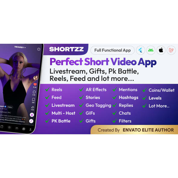 Shortzz : TikTok Clone - Short Video App Live streaming, PK Battle, Feed, Story etc. Flutter/Laravel
